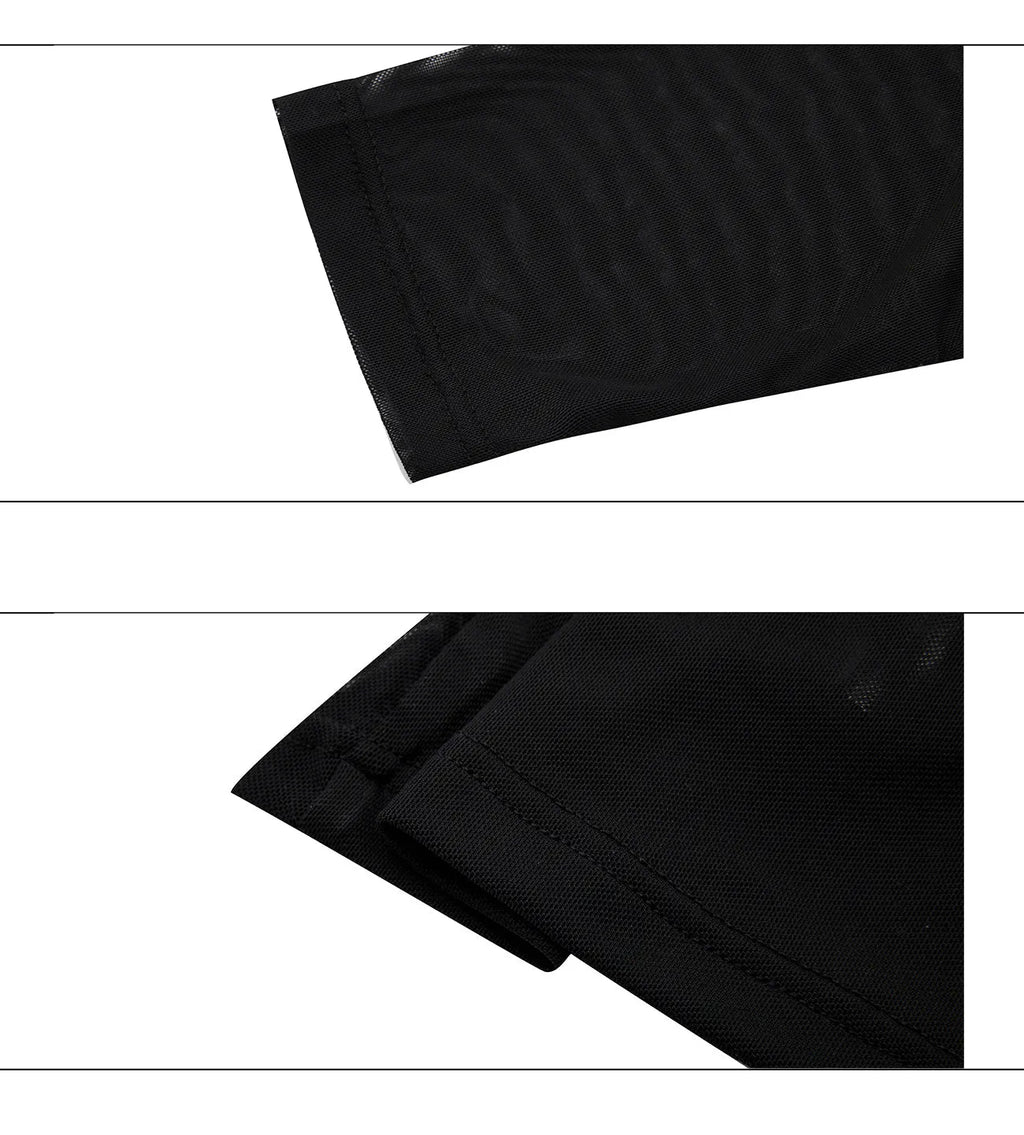 Black niche mesh slim-fit long sleeve bottoming shirt laid flat, showing trendy style and texture.