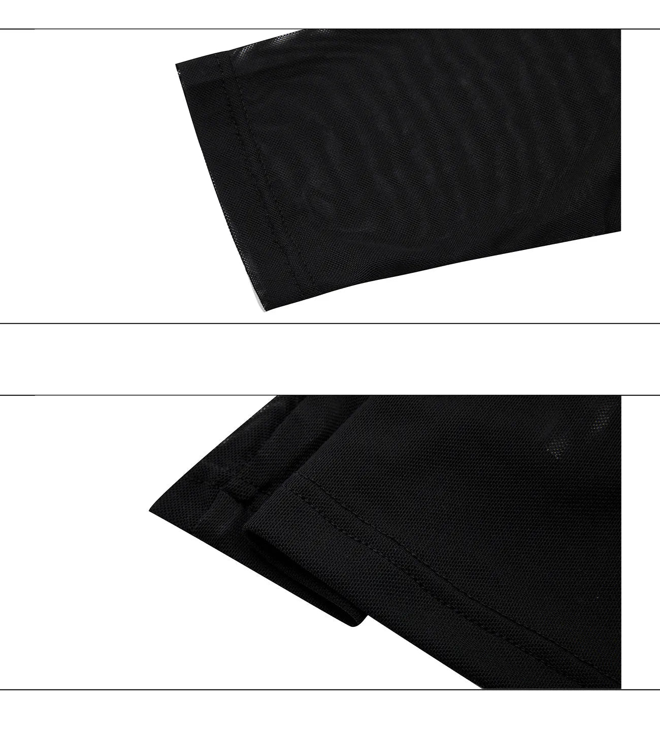 Black niche mesh slim-fit long sleeve bottoming shirt laid flat, showing trendy style and texture.