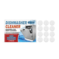 Box of 12 dishwasher cleaning tablets and cleaning sheets for appliance maintenance.