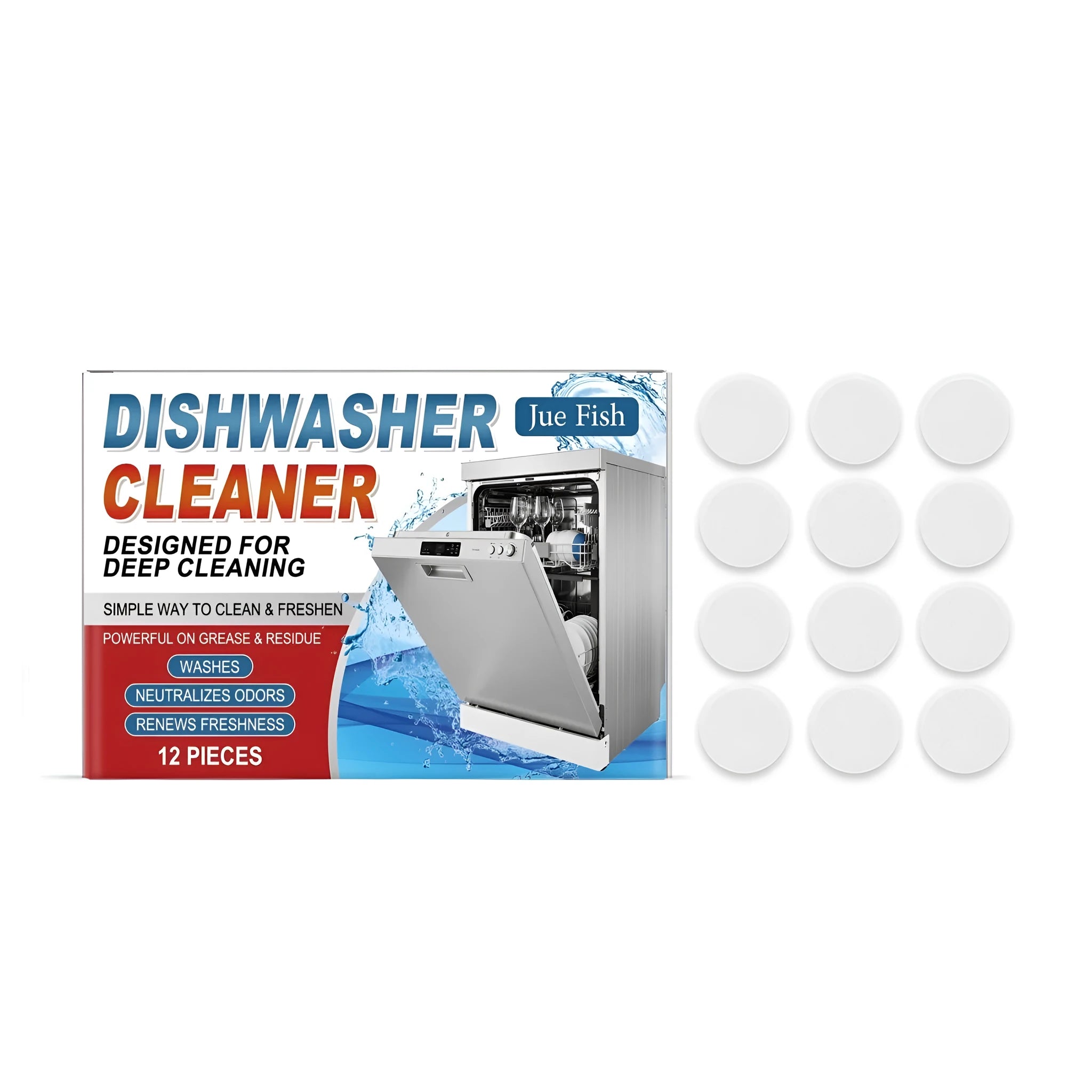 Box of 12 dishwasher cleaning tablets and cleaning sheets for appliance maintenance.