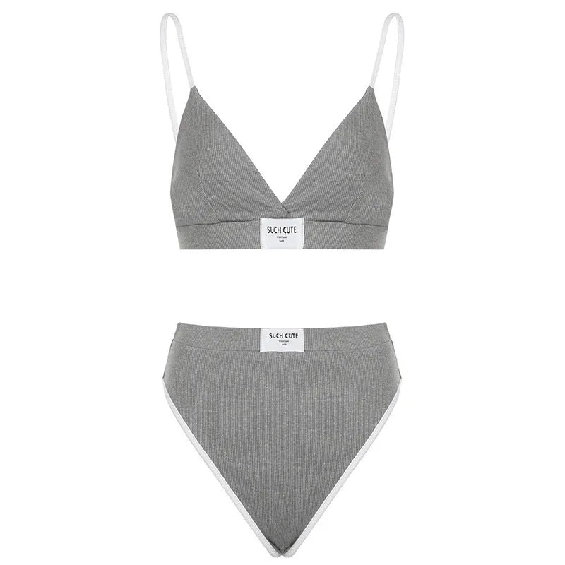 Women's grey embroidery bikini set with black contrast binding, sleeveless top and shorts