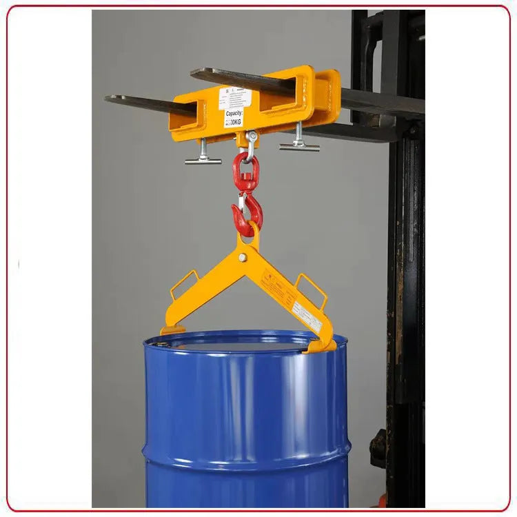 Iron forklift rotating drum hook with safety lock, showing the adjustable fork mounting bracket.