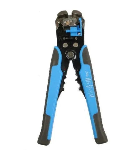 Yellow automatic wire stripper and crimping tool with adjustment screw for 10-24 AWG cables