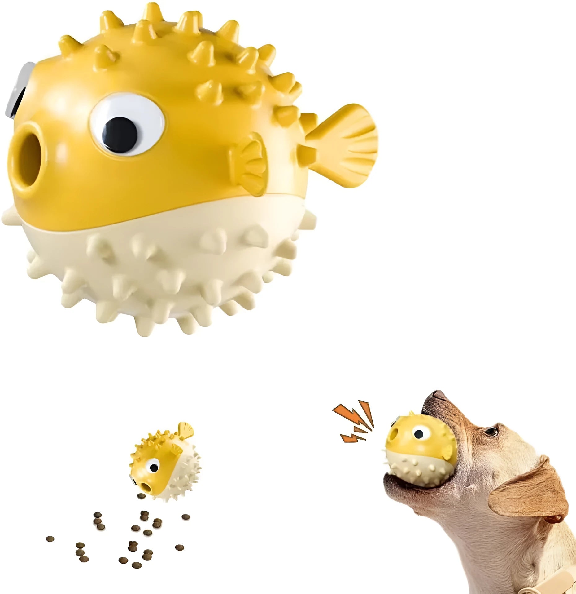 Green interactive fish-shaped dog toy with treat dispensing hole and raised cleaning particles