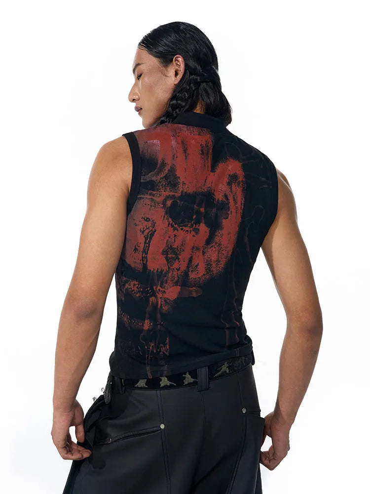 Black half turtleneck sleeveless T-shirt with character print in slim fit design
