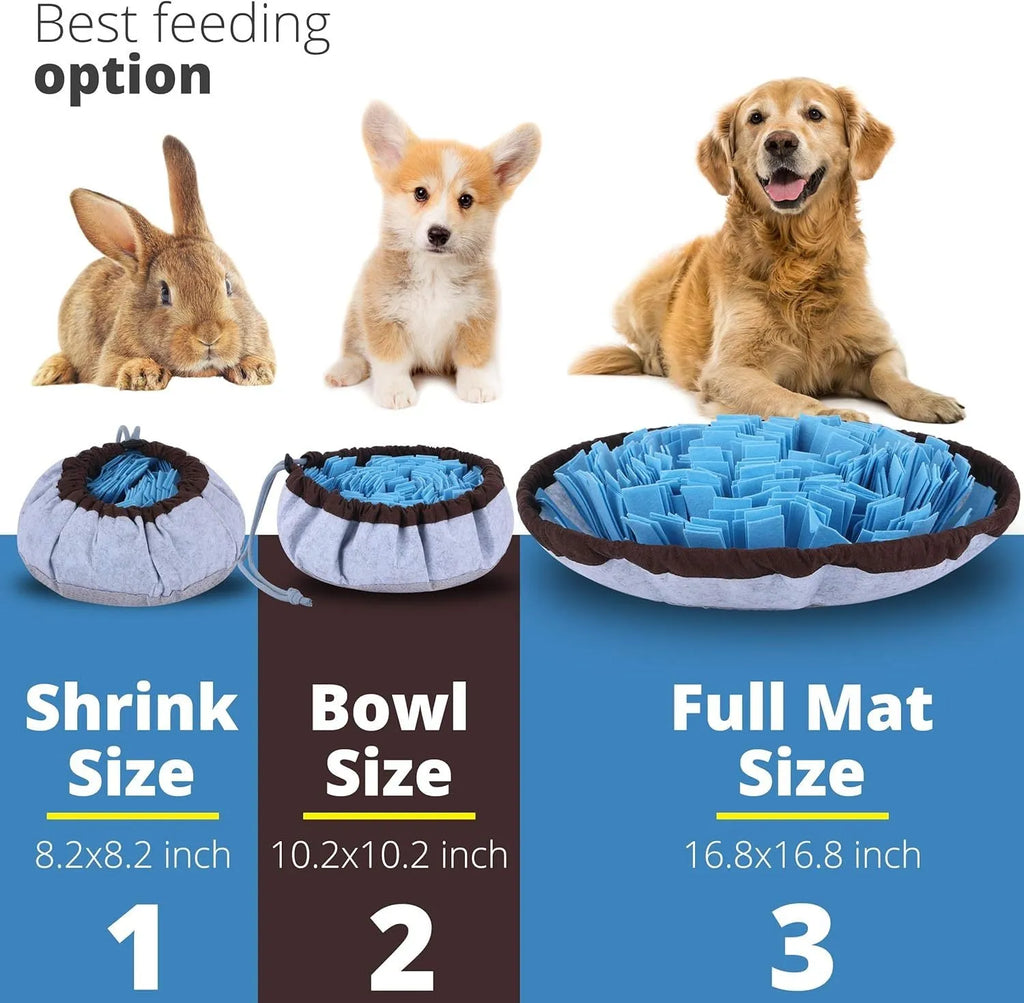 Blue adjustable dog snuffle mat with suction cups, used as a puzzle feeder for slow eating and mental stimulation.