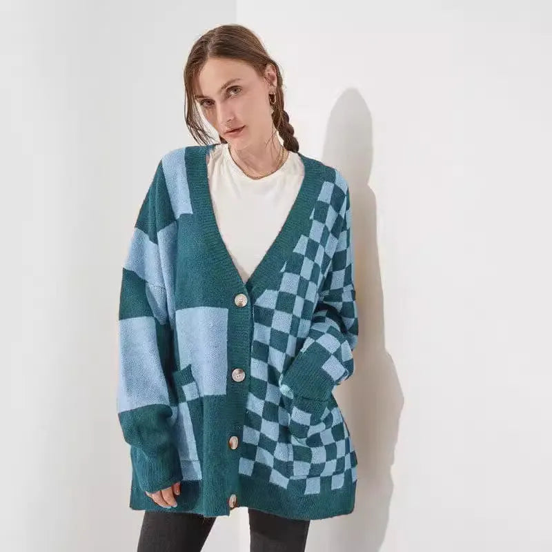 Grey loose slim fit checked knit cardigan for women on a hanger