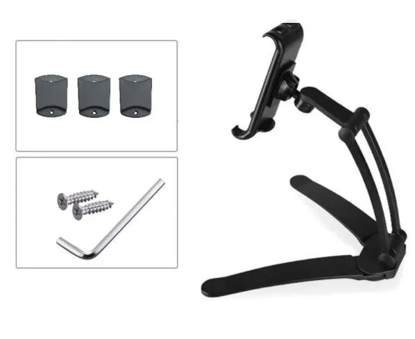 Silver aluminium alloy desktop tablet stand with adjustable white mount holding a tablet