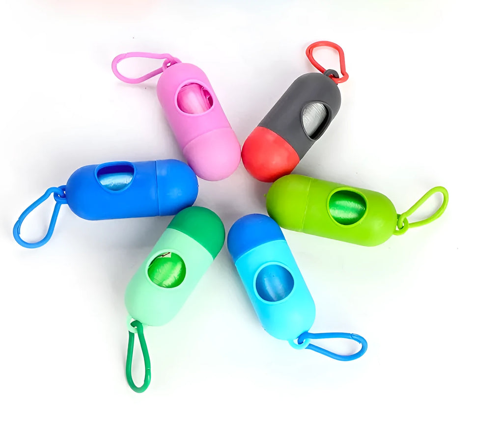 Dog waste cleanup bags in multiple colours showing 22.5 x 30 cm dimensions