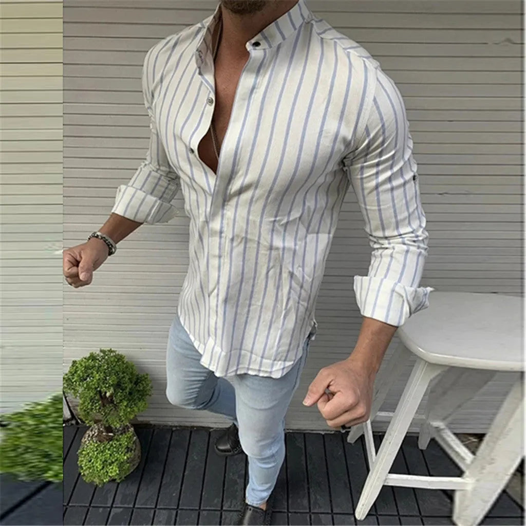 Men's striped wide lapel button cardigan long sleeve casual shirt in blue, cotton-polyester blend