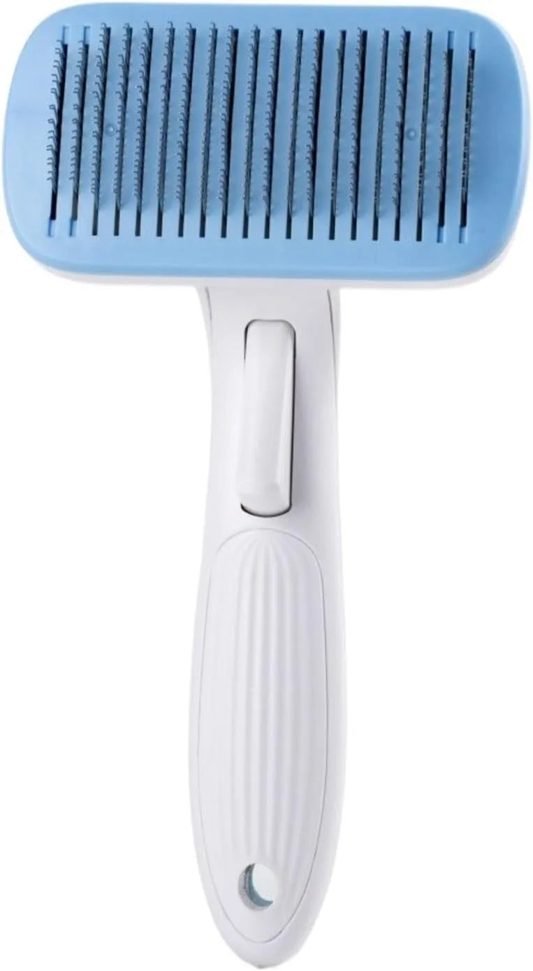 Blue automatic pet hair removal comb with a one-click button, shown on a grey background.