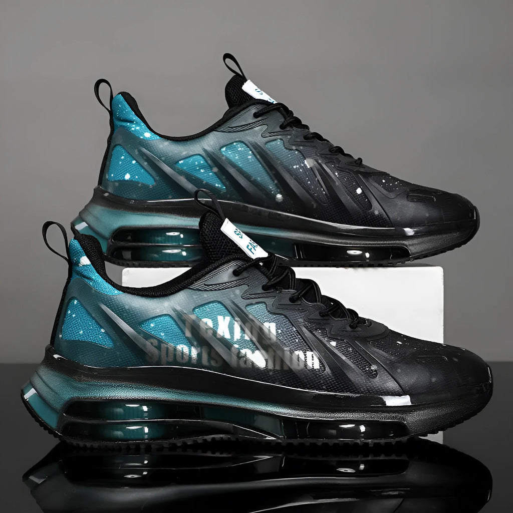 Men's black and green mid-top platform casual running shoes with mesh upper and rubber sole.