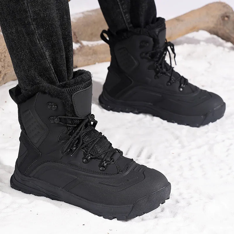 Men's black fleece-lined high-top boots with lace-up front and ribbed TPR sole