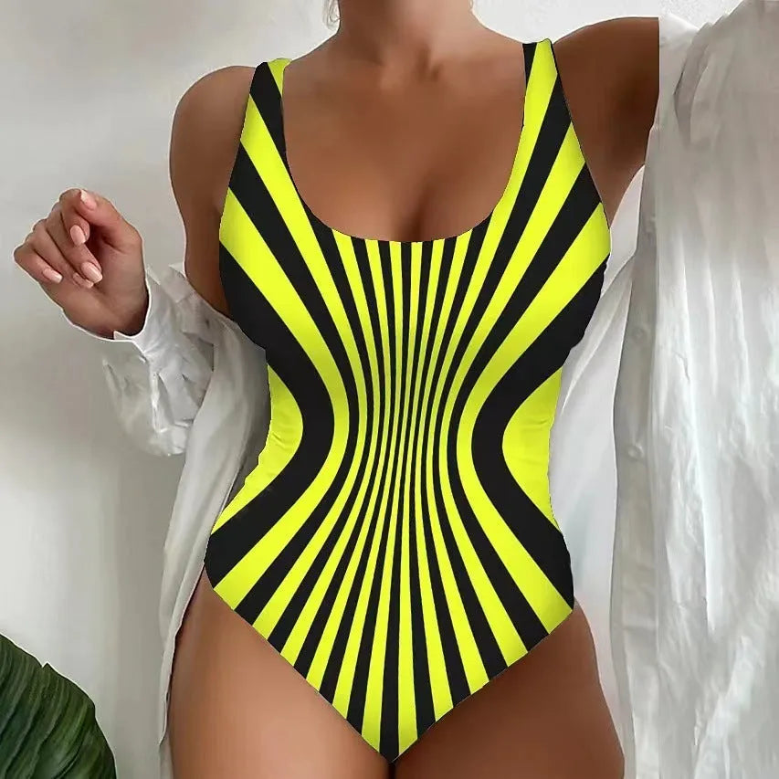 Women's one-piece sling striped printed swimsuit in polyester, multiple colour options and sizes S to 5XL