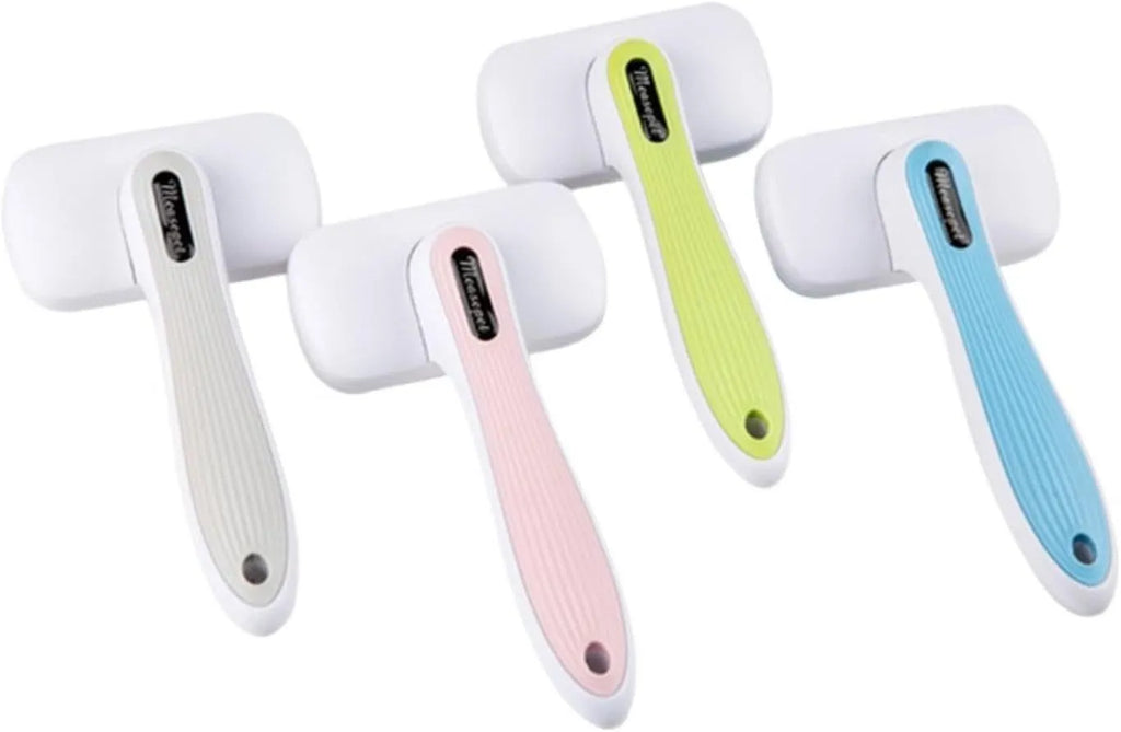 Blue automatic pet hair removal comb with a one-click button, shown on a grey background.