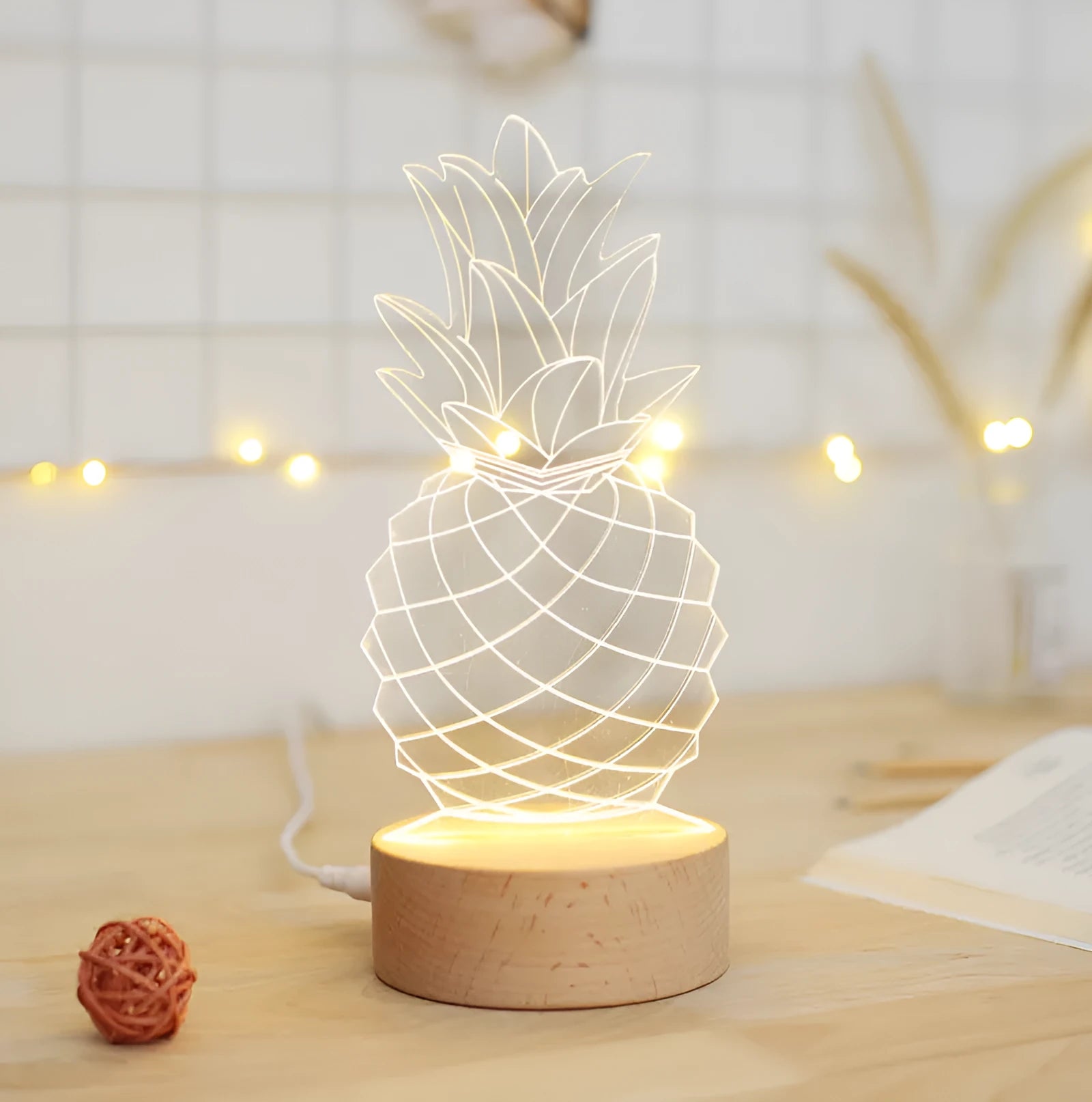 Cartoon pineapple bedside lamp with wood base and acrylic elements, measuring 24.5x10cm