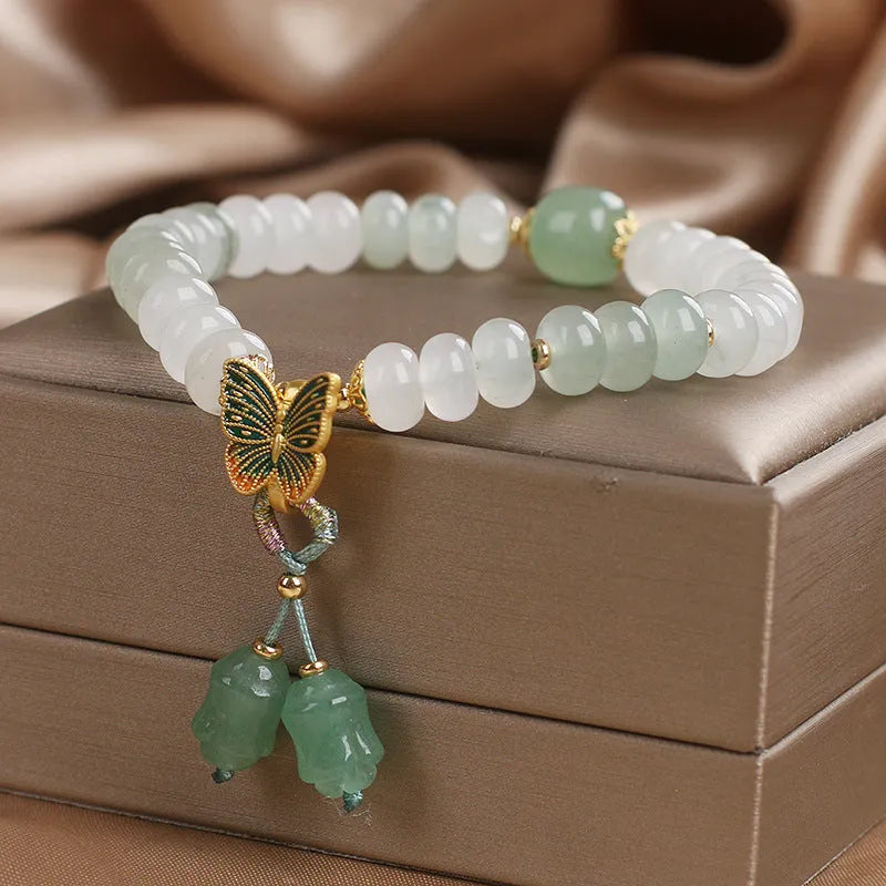 Green crystal women's bracelet with retro butterfly tassel and abacus beads