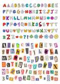 Set of cute style printed stickers featuring English letters, numbers, symbols, and weekday words for decoration and labelling.