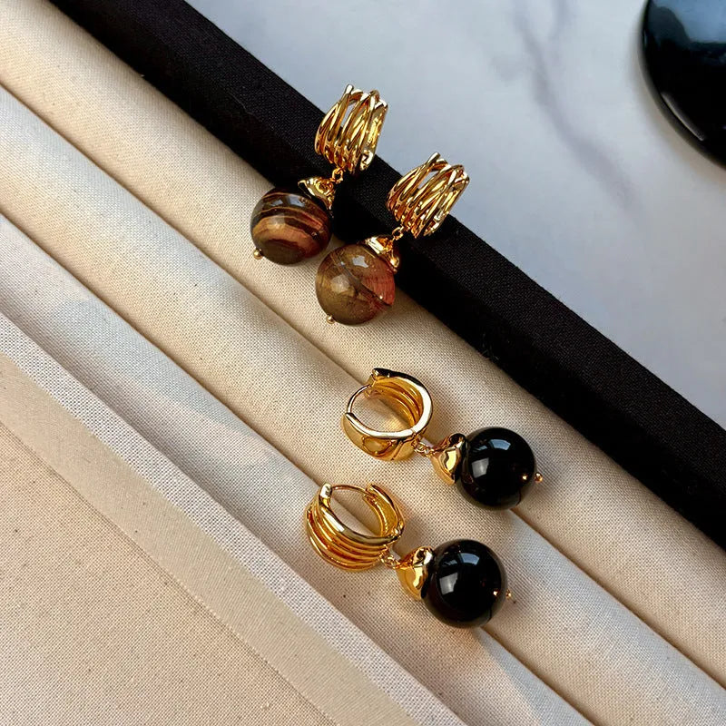 Geometric tigereye earrings with gold plating in brown and black colour options
