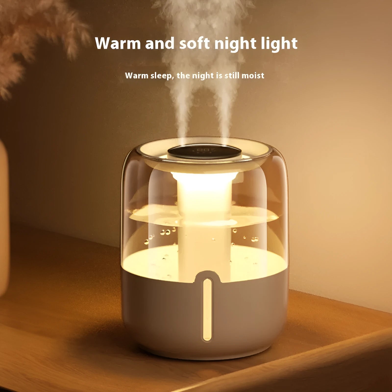 Beige circular USB humidifier with dual spray nozzles and digital display