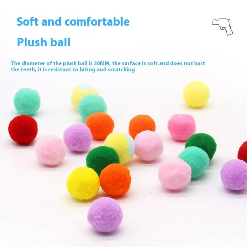 Pet toy ball launcher gun with soft plush yarn balls for interactive play with cats and dogs