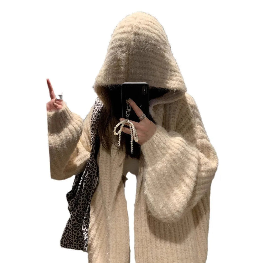 Women's retro Maillard hooded cardigan in thick acrylic fabric available in dark grey, brown and milky white colours