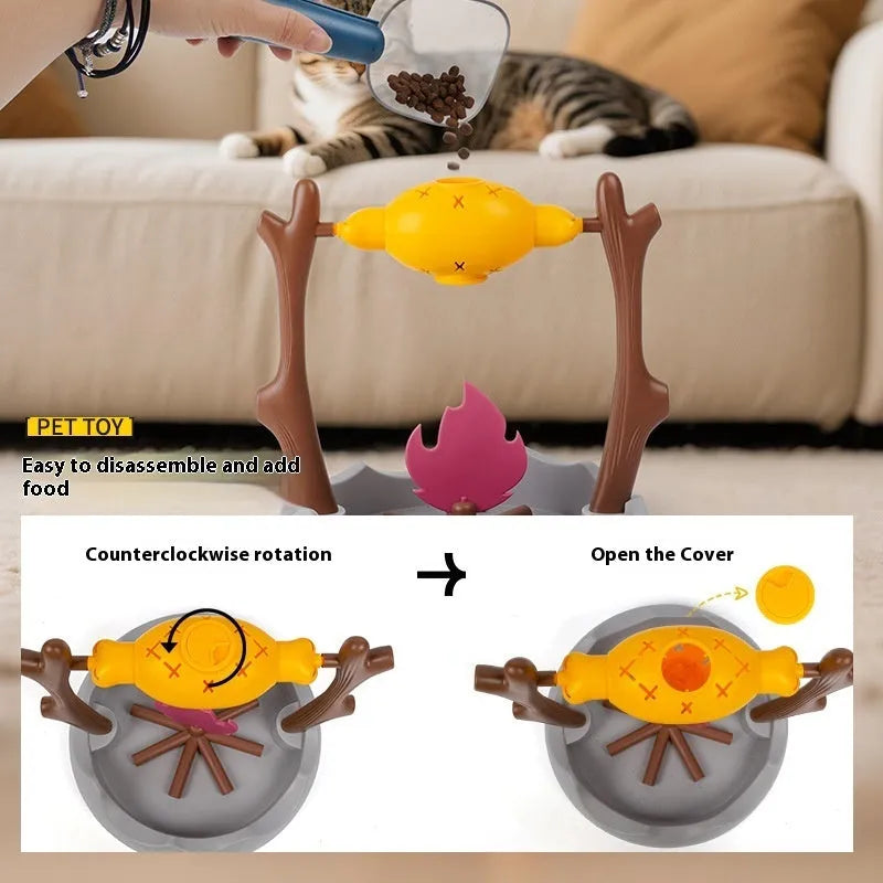 Tumbling cat food feeder toy with treats inside, showing 30cm dimensions