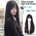 Long straight black synthetic wig with bangs on display model