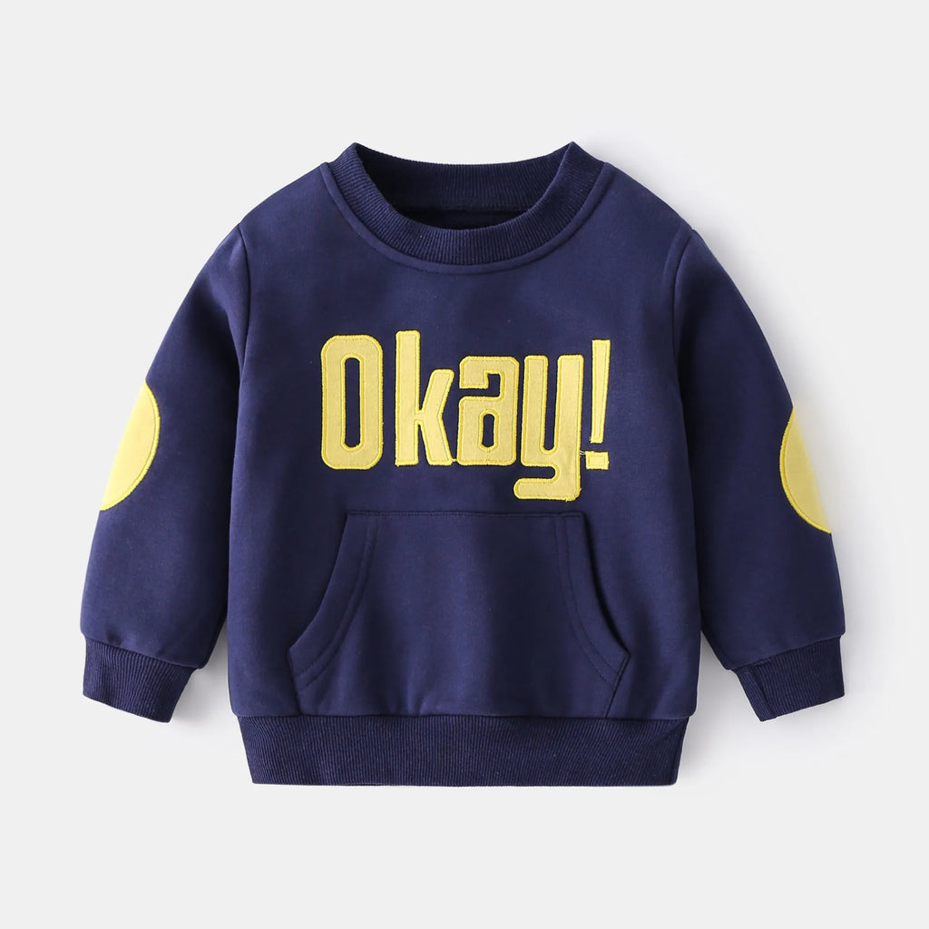 Boys casual cotton sweatshirt with English letter print, round neck, long sleeves, in navy blue, size 110cm