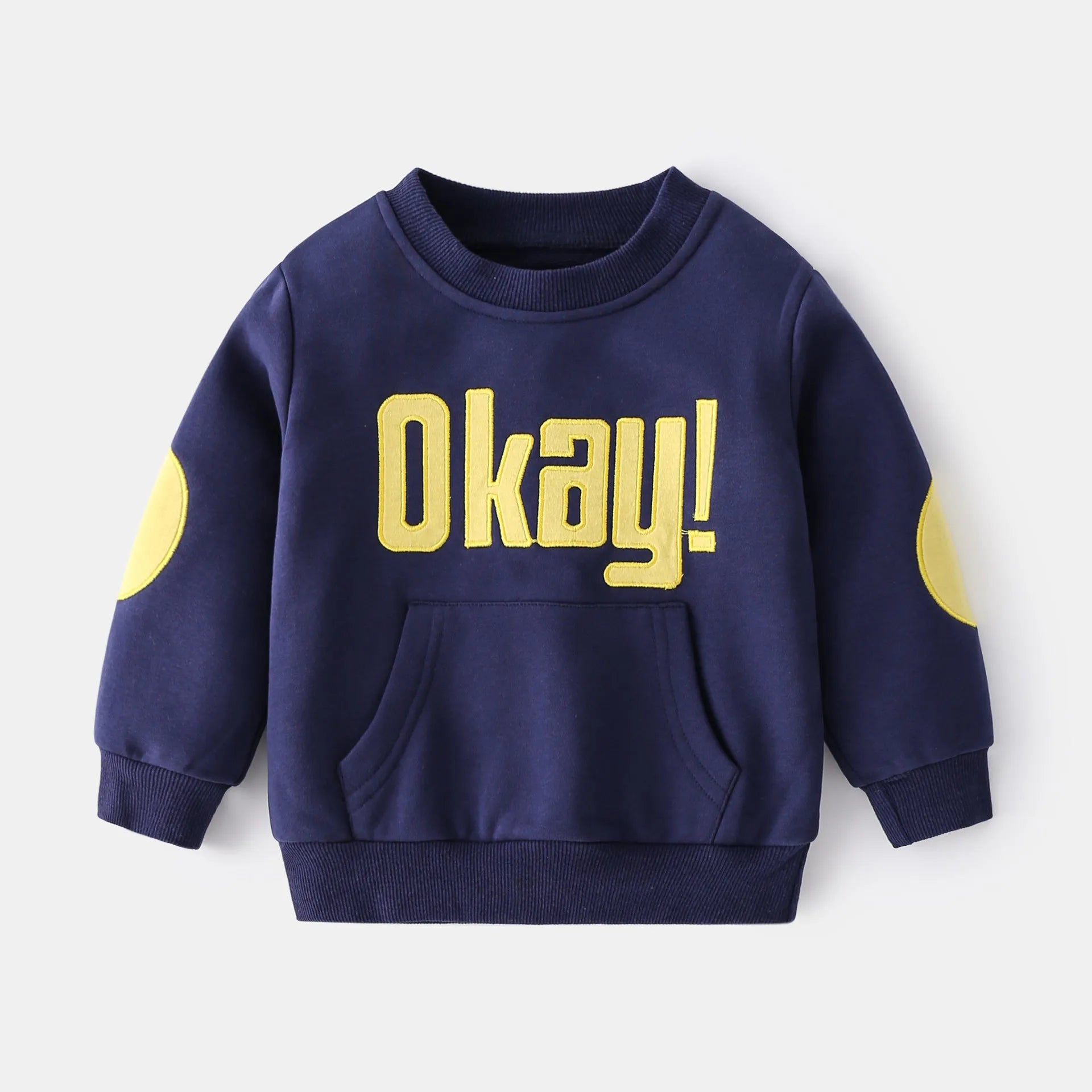 Boys casual cotton sweatshirt with English letter print, round neck, long sleeves, in navy blue, size 110cm