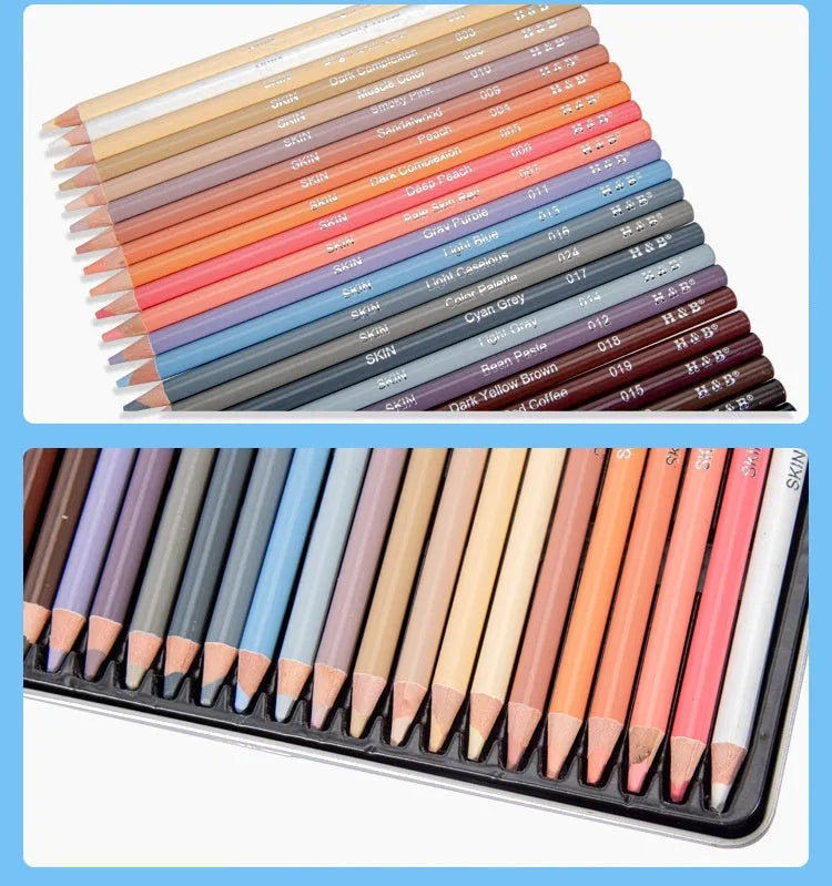 24 skin colour portrait drawing pencils in iron box case with round brush pot