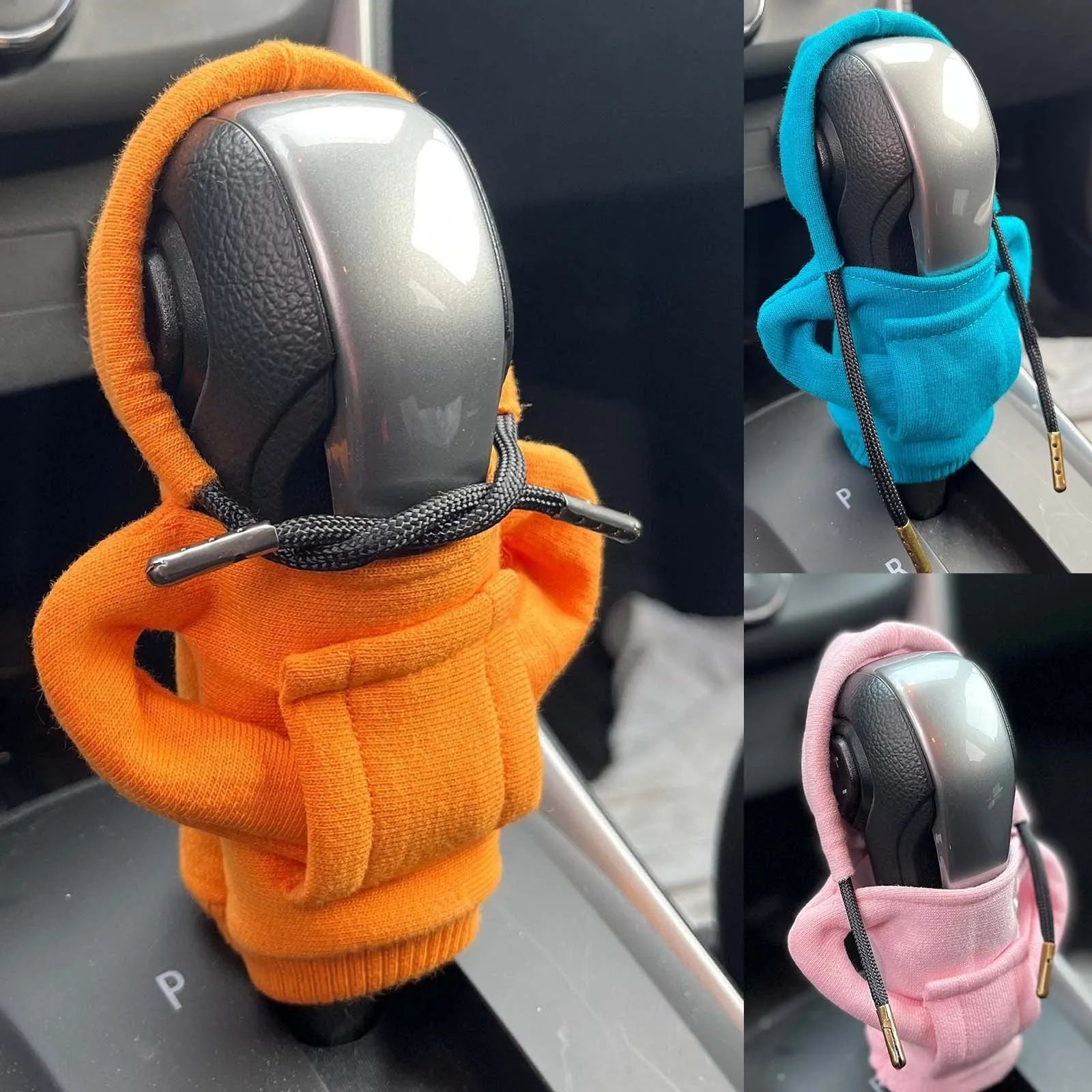 Universal pure cotton gear knob cover in hoodie style with adjustable cord in black colour
