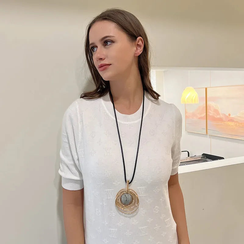 Vintage geometric sweater chain necklace with plaid pattern pendant on adjustable snakeskin rope chain