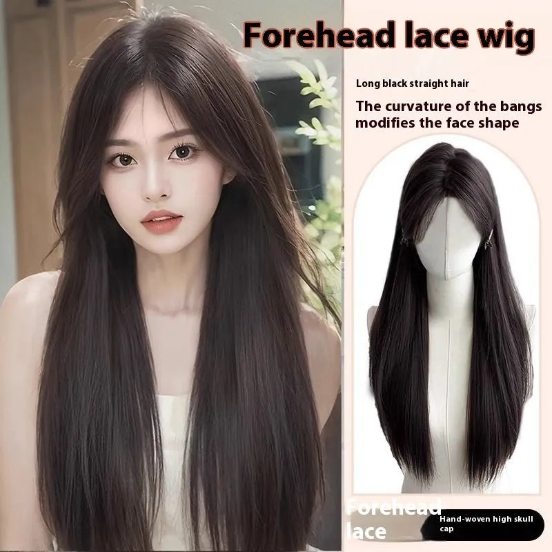 Long straight black synthetic wig with side bangs on a wig head, showing full-head construction.