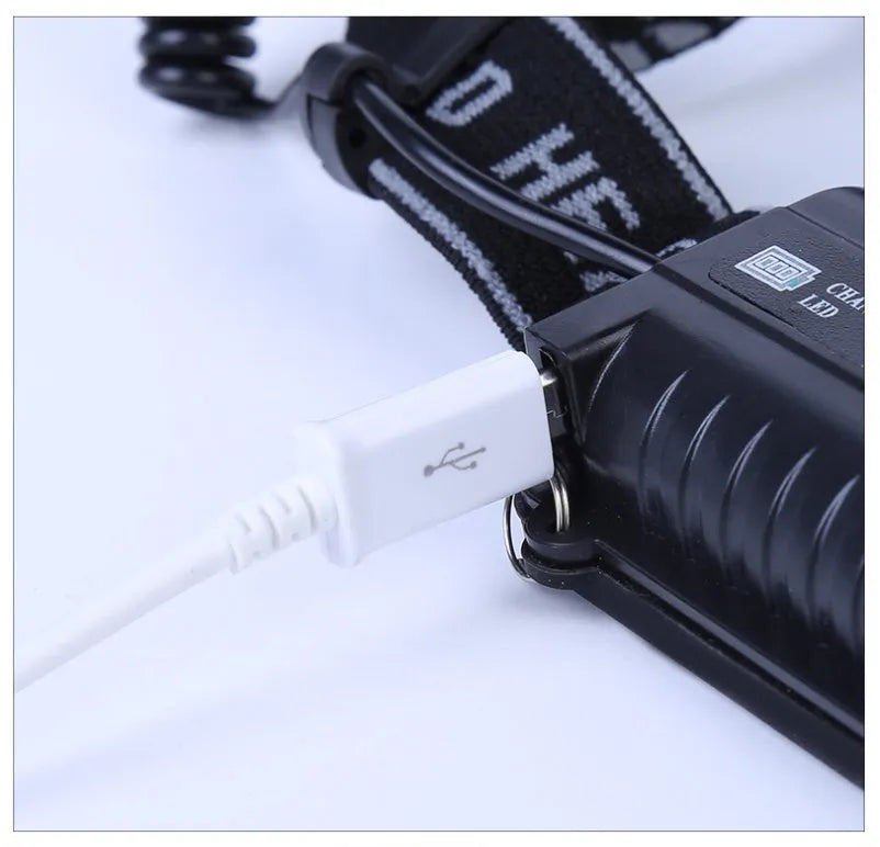 Head-mounted camping light with fixed focus long-range beam for outdoor use
