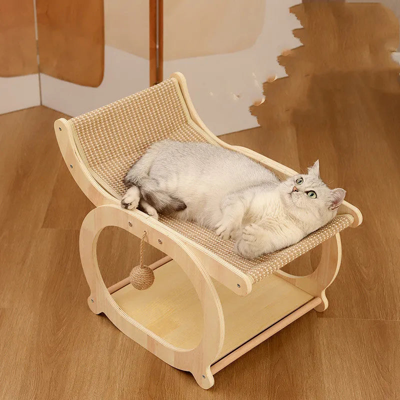Solid wood sisal cat scratching mat in wood colour resting on floor
