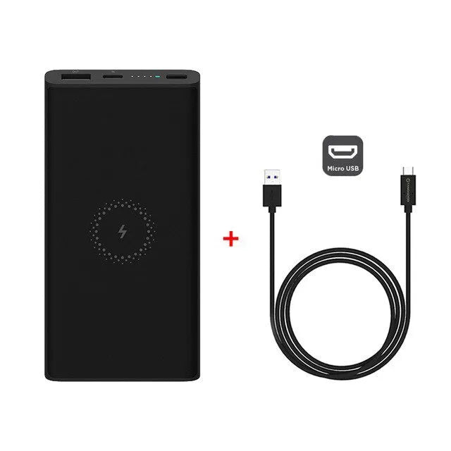 Black and white 10000 mAh power bank with USB Type-C port and wireless charging surface.