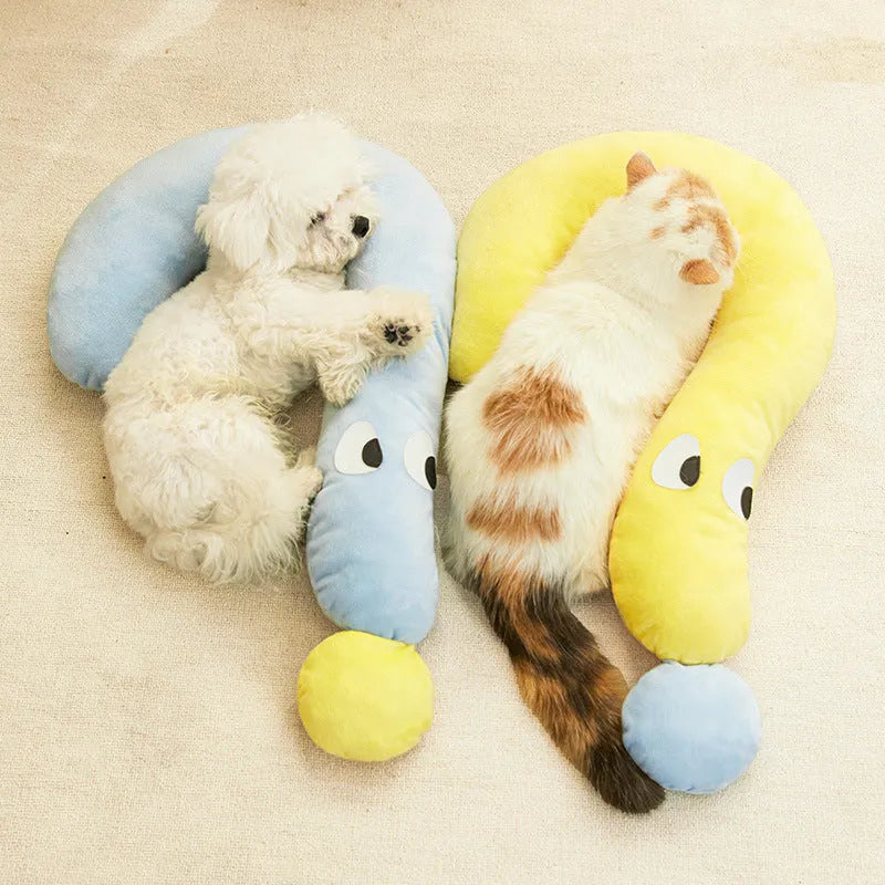 Blue or yellow rectangular pet pillow for cats and dogs on a white background