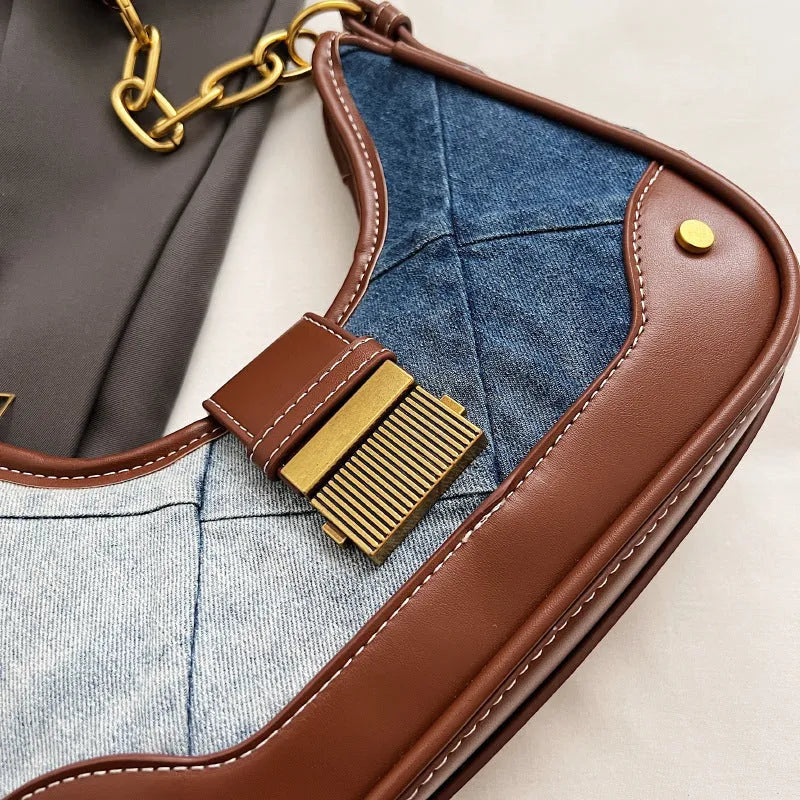 Brown denim women's bucket shoulder bag with diamond chain detailing and double straps