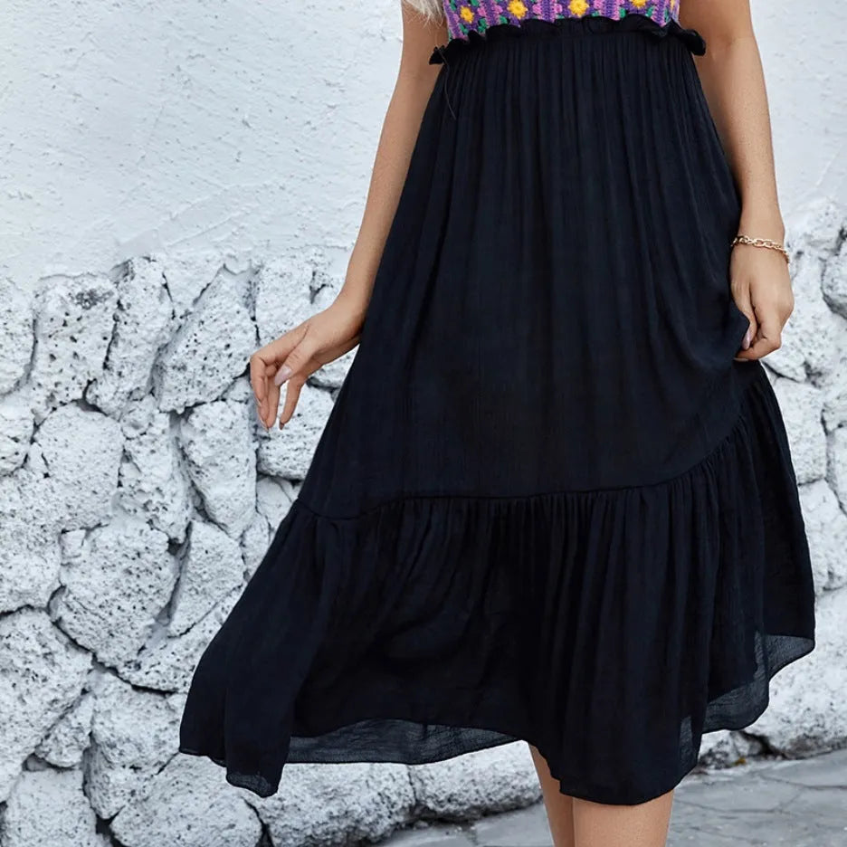 Purple sleeveless dress with hand-hooked flower embroidery on cotton blend fabric
