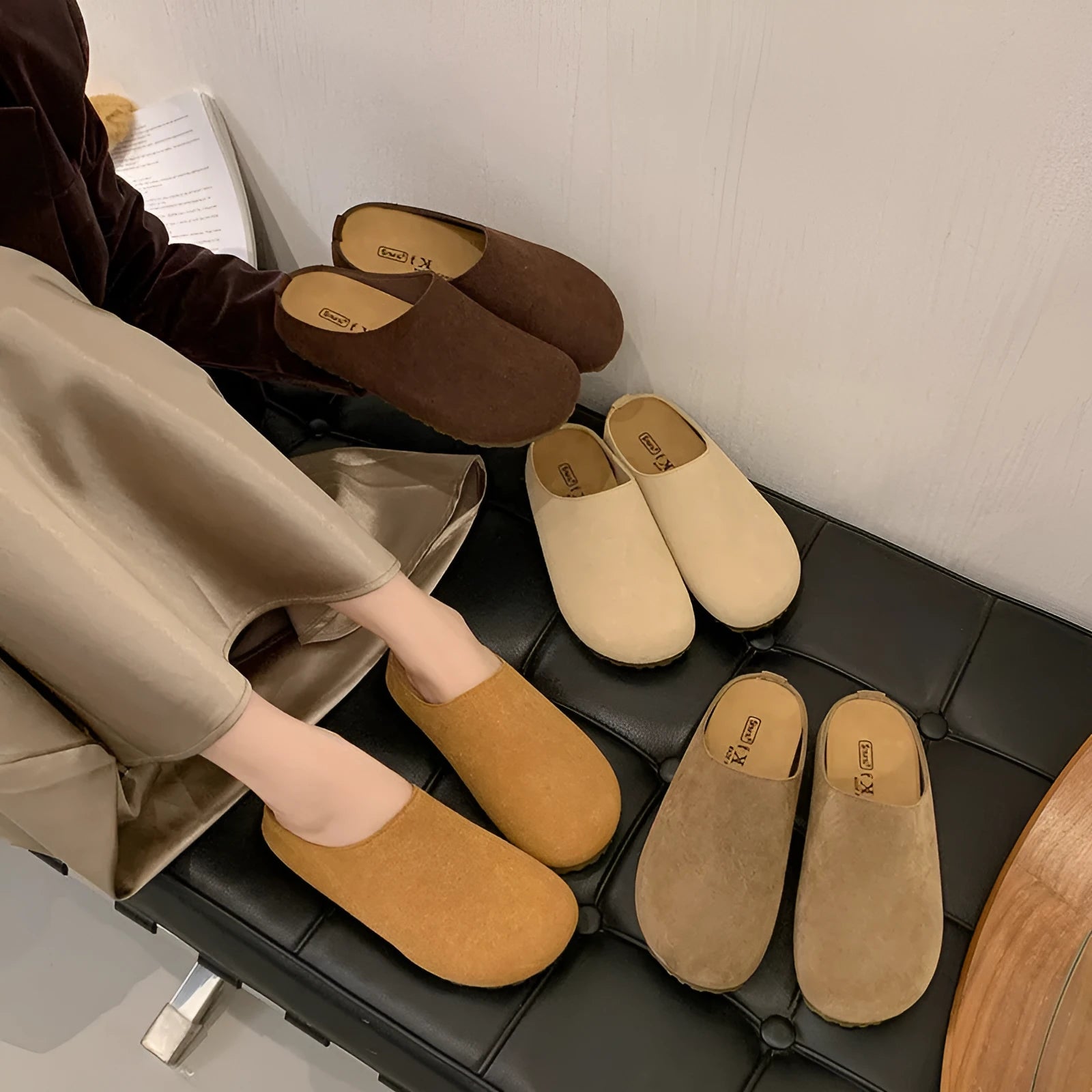 Korean-style square toe slippers in apricot colour with microfiber upper and slip-on design
