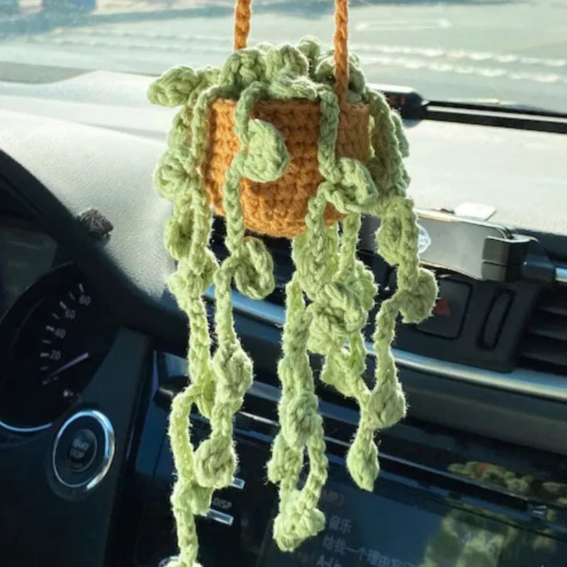 Green and white knitted wool succulent car ornament with 8cm base and hanging cord