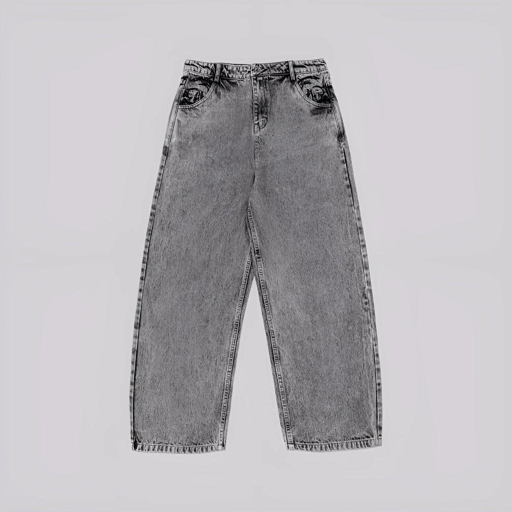 Grey loose straight-leg cotton denim trousers on mid-waist