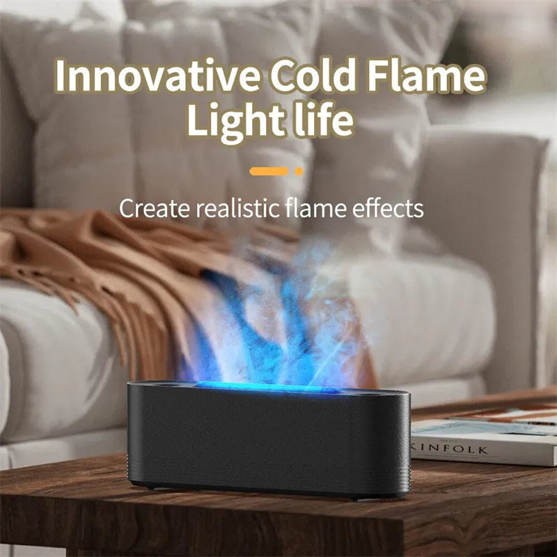 Black Flame Air ultrasonic humidifier and aroma diffuser with LED mood light on.