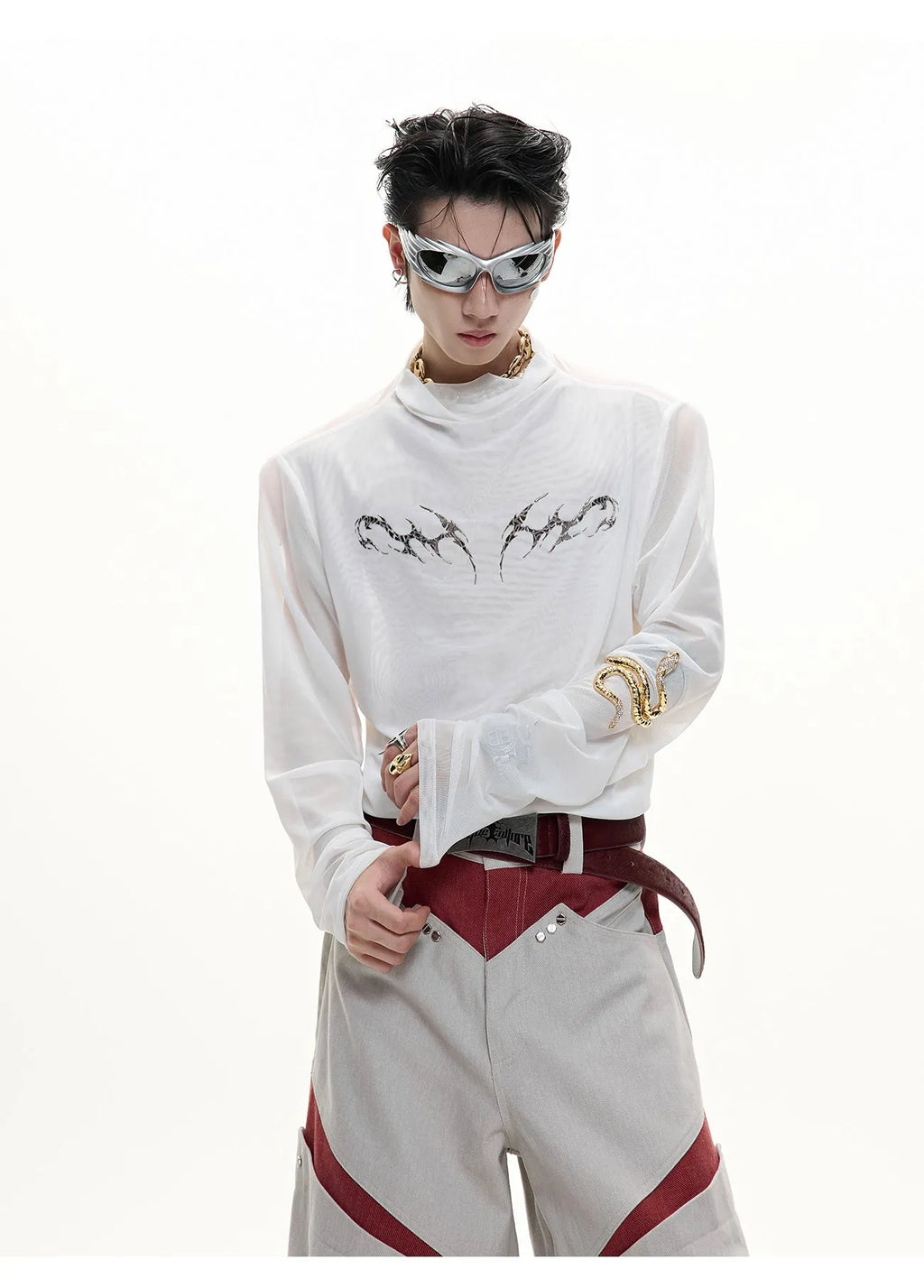 Black niche mesh slim-fit long sleeve bottoming shirt laid flat, showing trendy style and texture.