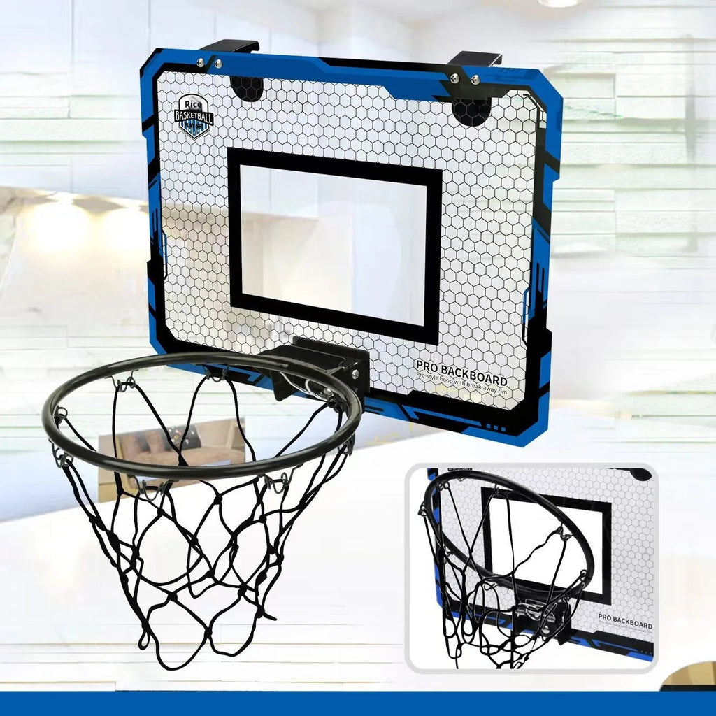 Red foldable basketball frame with suction cup base mounted on door