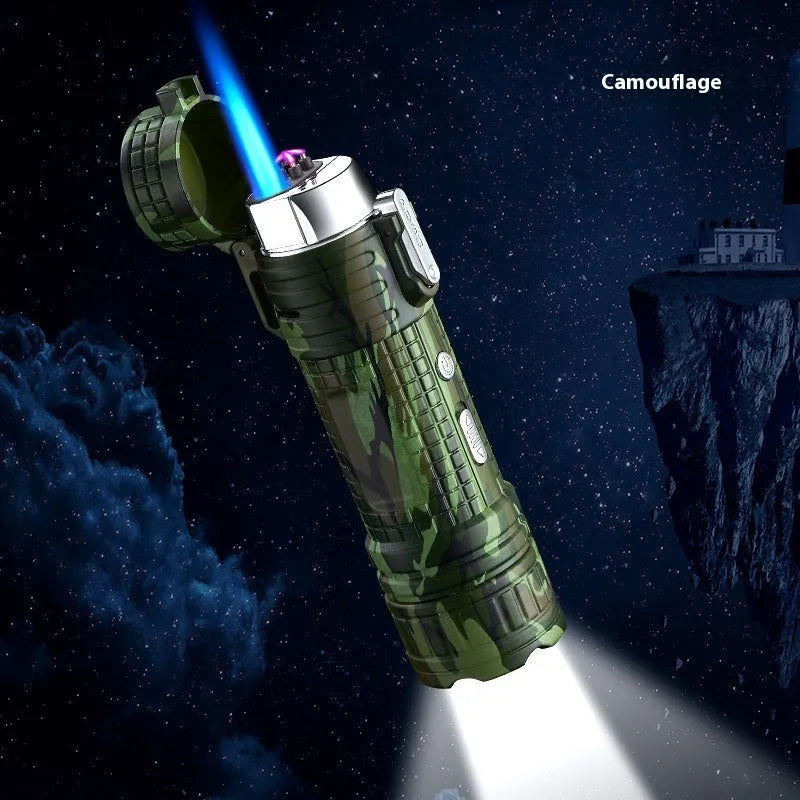 TH727 metal multifunctional flashlight lighter shown in camouflage, red, black, blue, and yellow colour options.