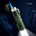TH727 metal multifunctional flashlight lighter shown in camouflage, red, black, blue, and yellow colour options.