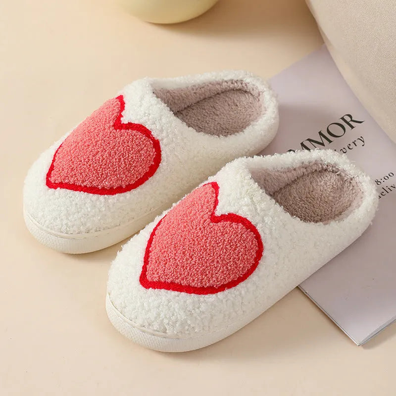 Women's cartoon-themed plush home slippers with PVC sole in big love pattern