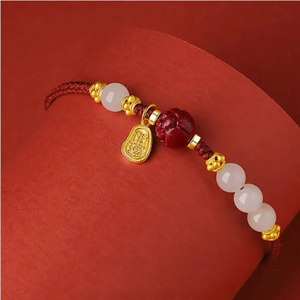 Hetian jade and cinnabar red rope women's bracelet with adjustable 925 silver chain
